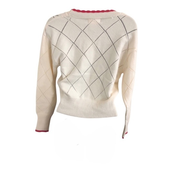 Jessica Simpson cream & pink scalloped trim cherry diamond pattern cardigan sz M - Picture 14 of 17